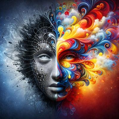 The primary subject of the image is a face, which is depicted in two different colors, one being blue and the other being red. The face is surrounded by a vibrant and colorful background, which includes a mix of yellow, red, blue, and white colors. The visual style of the image is a combination of digital art and illustration, creating a unique and eye-catching design. The overall atmosphere of the image is lively and energetic, with the contrasting colors and dynamic background creating a sense of movement